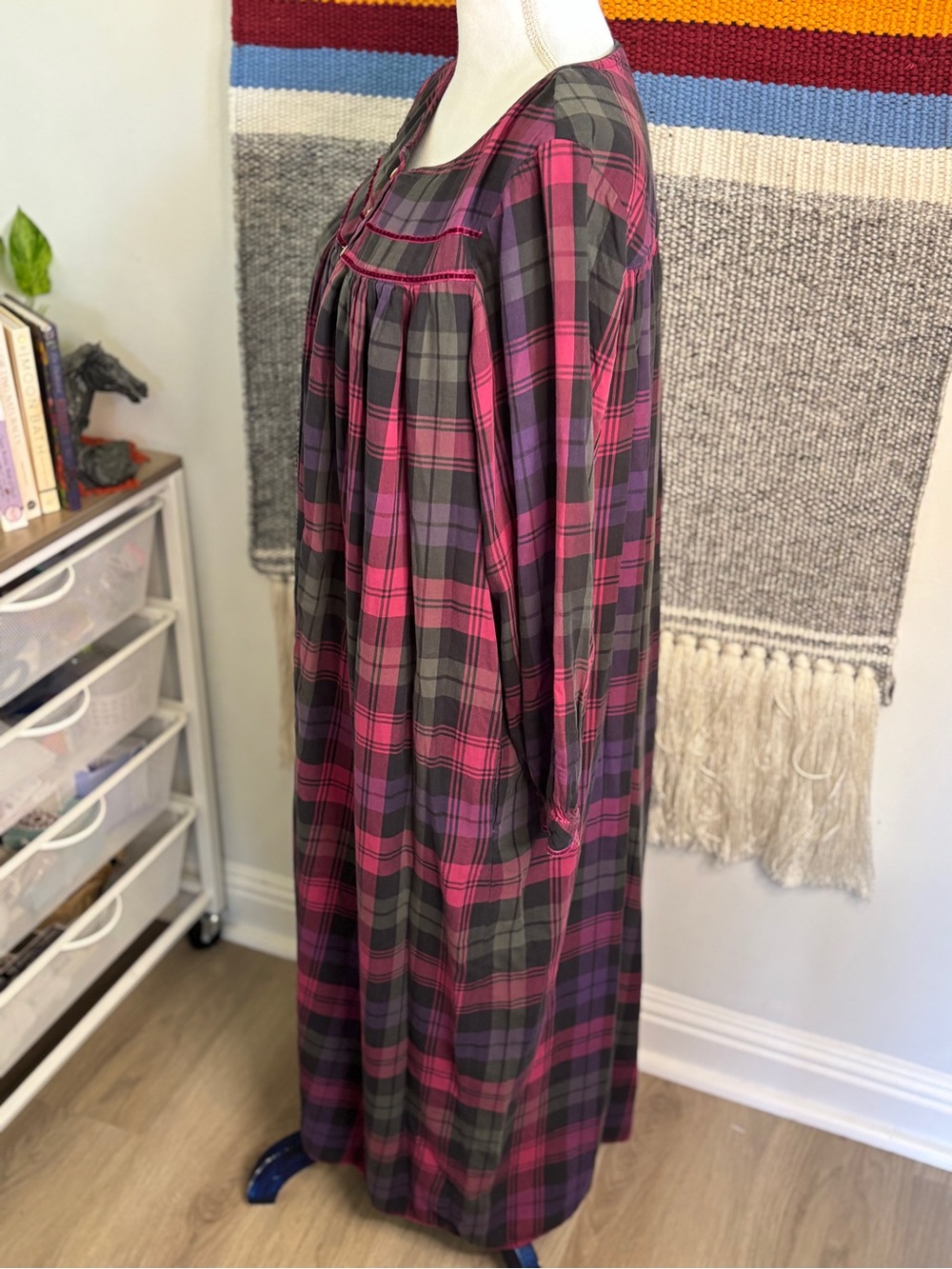 Eileen West Pink and Black Cotton Plaid Button-Front Nightgown - Picture 3 of 7